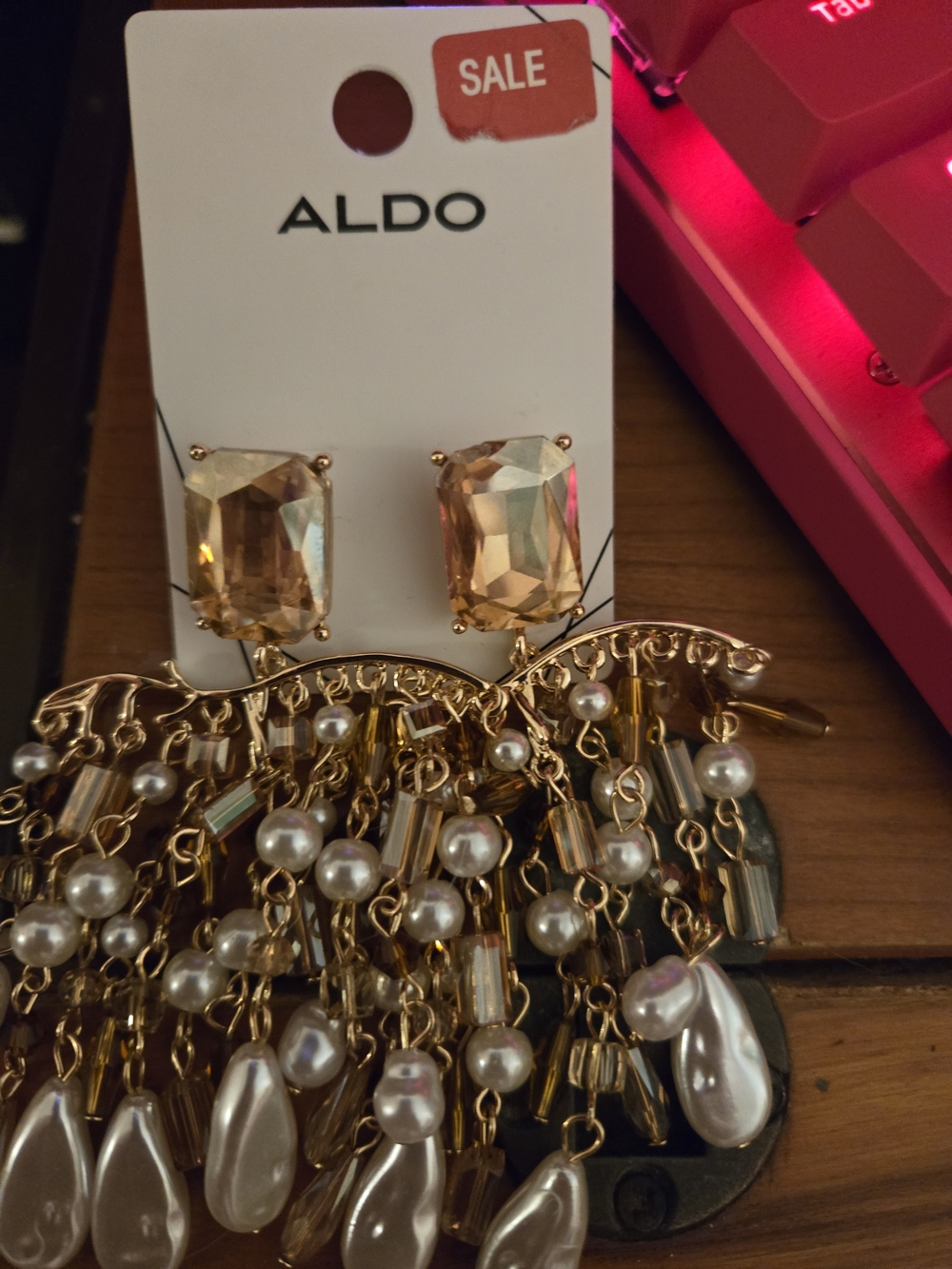 NWT ALDO Gold and Champagne Crystal & Pearl Chandelier Earrings